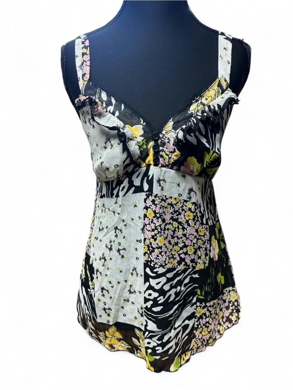 Y2K patchwork cami 🌼 coquette fairy grunge lace trim indie sleaze top L 2000s